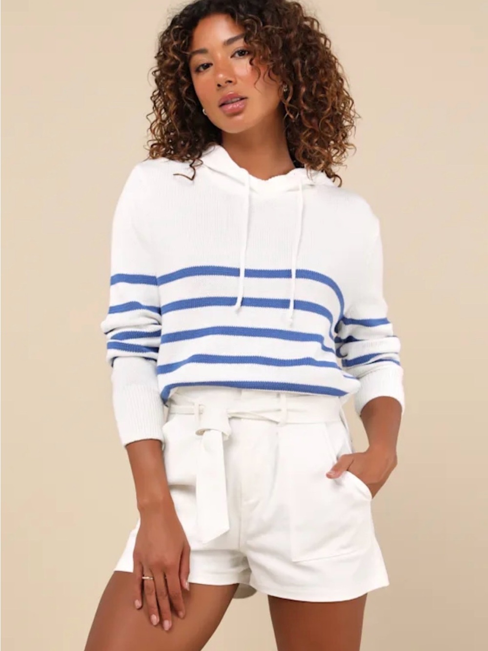 Lulus Comfy Aura Ivory Blue Striped Hooded Knit Sweater XL